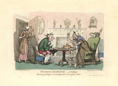 Mężczyzna siada na przestraszonego kota na swoim krześle. autorstwa Thomas Rowlandson