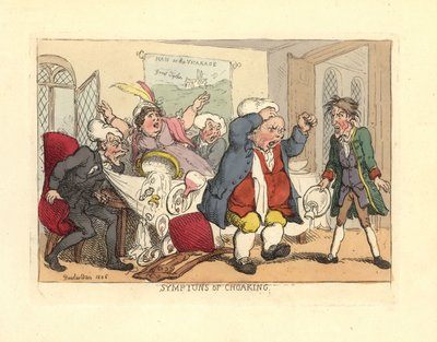 Mężczyzna stojący podczas dławienia się przy stole. autorstwa Thomas Rowlandson