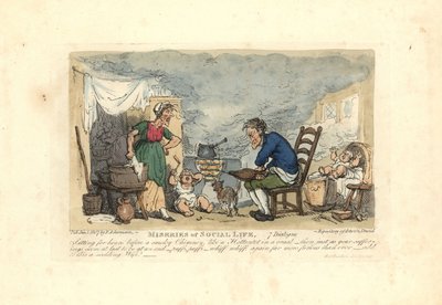 Mężczyzna używający miecha przed ogniem w zadymionym pokoju. autorstwa Thomas Rowlandson