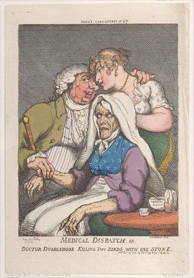 Posłaniec medyczny lub lekarz podwaja dawkę zabijając dwa ptaki jednym kamieniem, listopad..., 20 listopada 1810 r. autorstwa Thomas Rowlandson