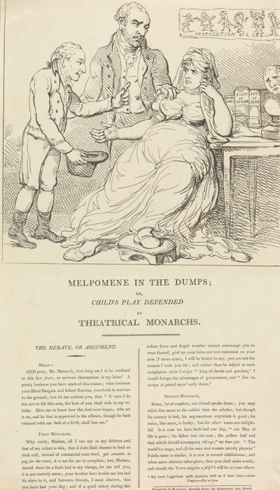 Melpomene w dołku; czyli: „Dziecięca zabawa” w obronie teatralnych monarchów autorstwa Thomas Rowlandson