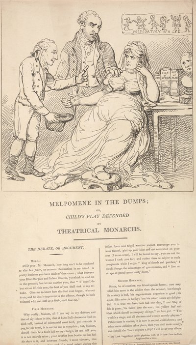 Melpomene w dołku, czyli „Dziecięca zabawa” w obronie teatralnych monarchów autorstwa Thomas Rowlandson