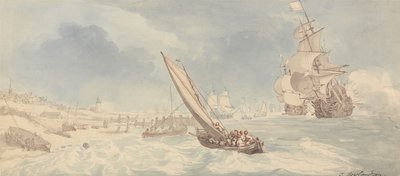 Okręty wojenne i łodzie żaglowe w pobliżu brzegu autorstwa Thomas Rowlandson