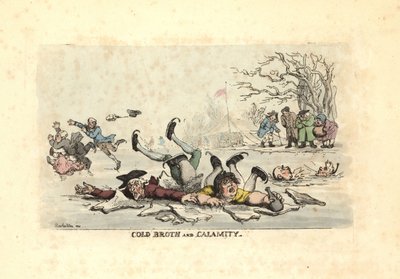 Mężczyźni i kobiety jeżdżący na łyżwach po cienkim lodzie i wpadający w lodowate ri autorstwa Thomas Rowlandson