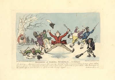 Mężczyźni spadający na łyżwy, inny spadający przez lód itp. autorstwa Thomas Rowlandson
