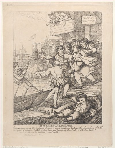 Miseries of London: Wejście na którykolwiek z mostów Londynu lub na którąkolwiek z przełęczy..., 14 lipca 1807 r. autorstwa Thomas Rowlandson