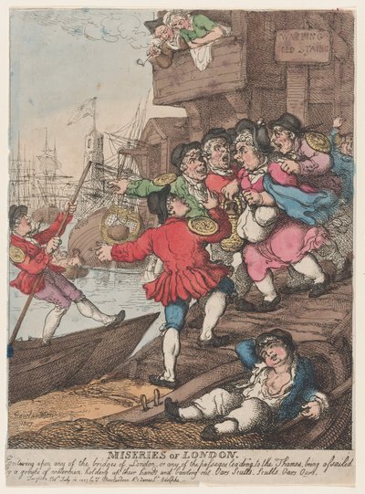 Miseries of London: Wejście na którykolwiek z mostów Londynu lub na którąkolwiek z przełęczy..., 14 lipca 1807 r. autorstwa Thomas Rowlandson