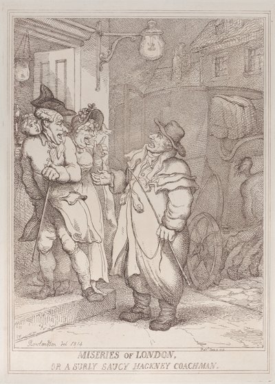 Nieszczęścia Londynu, czyli zrzędliwy i zuchwały woźnica dorożki z dzielnicy Hackney autorstwa Thomas Rowlandson