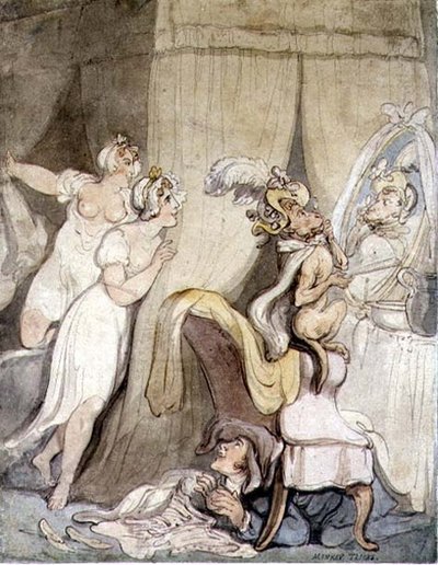 Monkey Tricks, ok. 1800 (pióro i atrament z akwarelą na papierze) autorstwa Thomas Rowlandson