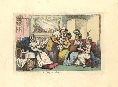 Matka z nowo narodzonym dzieckiem odwiedzana przez kilka kobiet w salonie. autorstwa Thomas Rowlandson