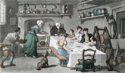 Pierwsza wizyta pana Burchella, ilustracja z „Wikariusza Wakefielda” Olivera Goldsmitha, wyd. Ackermann, 1817 (akwatinta ręcznie kolorowana) autorstwa Thomas Rowlandson