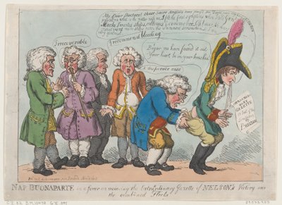 Drzemka Buonaparte w gorączce po otrzymaniu nadzwyczajnego dziennika Nelsona ..., 13 listopada 1805 r. autorstwa Thomas Rowlandson