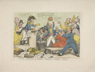 Napoleon sprzedaje skradzione towary, 1813 Aukcja pozorna lub Boney sprzedająca skradzione towary (tytuł na przedmiocie) autorstwa Thomas Rowlandson