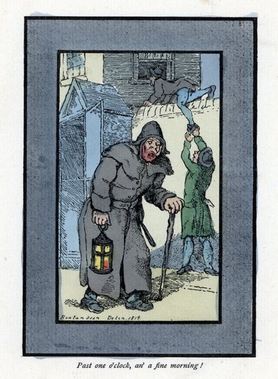 Stróż nocny z latarnią i kijem, nieuważny na dwóch włamywaczy wchodzących do domu za nim (1819). Drzeworyt, oparty na obrazie Thomasa Rowlandsona (1756-1827), opublikowany w The Cris of London: z sześciorgiem uroczych dzieci i prawie 40 ilustrami autorstwa Thomas Rowlandson