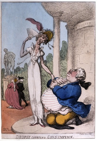 Otyły mężczyzna zabiegający o względy chorego na gruźlicę: opuchlizna i gruźlica, początek XIX w. (karykatura) autorstwa Thomas Rowlandson