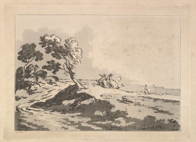Otwarty krajobraz z trzema jeźdźcami na środkowym dystansie, w prawo, Windblo..., 1784-88. autorstwa Thomas Rowlandson