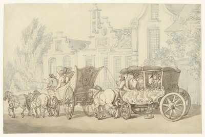 Otwarte auto wycieczkowe i bryczka na quasi-holenderskiej ulicy autorstwa Thomas Rowlandson