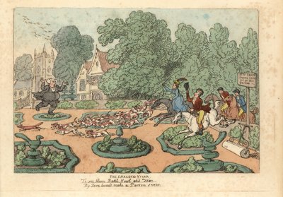 Parson przeklinający łowców nalisów i psy tratujące jego ogród. autorstwa Thomas Rowlandson