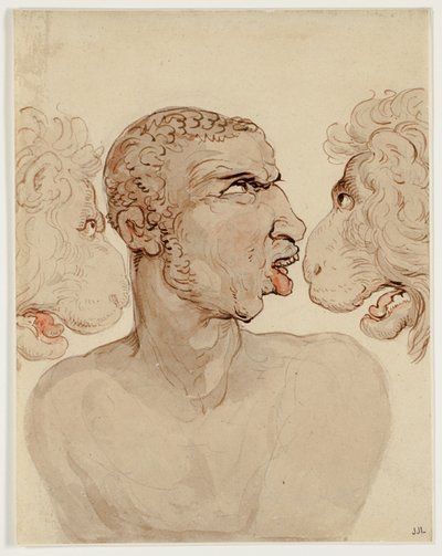 Studium fizjonomiczne głowy mężczyzny i dwóch lwów autorstwa Thomas Rowlandson