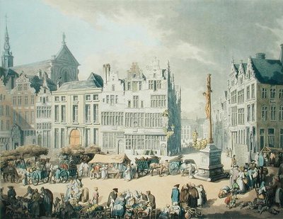 Place de Mer w Antwerpii (druk wydany przez Ackermann autorstwa Thomas Rowlandson