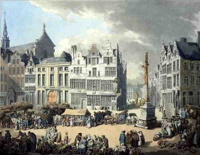 Place de Mier w Antwerpii, grawerowane przez Wrighta i Schutza, wyd. przez Rudolpha Ackermanna autorstwa Thomas Rowlandson