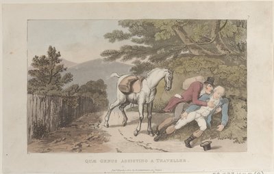 Quae Genus asystując podróżnikowi, z The History of Johnny Quae Genus, The Litt..., 1 marca 1822. autorstwa Thomas Rowlandson