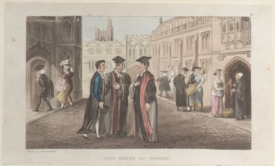 Quae Genus w Oksfordzie, z The History of Johnny Quae Genus, The Little Found..., 1 listopada, autorstwa Thomas Rowlandson