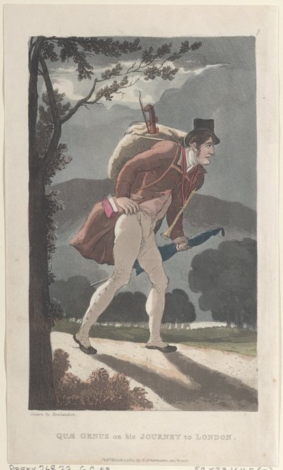 Quae Genus w swojej podróży do Londynu, z The History of Johnny Quae Genus, The ..., 1 marca 1822. autorstwa Thomas Rowlandson