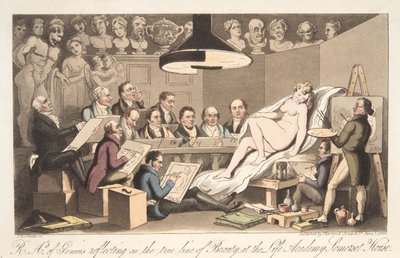 R---A---y od Geniusa, który zastanawia się nad prawdziwą linią Beauty at the Life Academy, Somerset House, z The English Spy, wyd. 1824 (grawerowanie ręcznie kolorowane) autorstwa Thomas Rowlandson