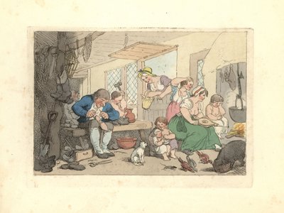 Regency szewc naprawia buty w zatłoczonym pokoju. autorstwa Thomas Rowlandson
