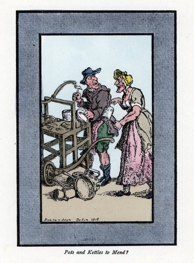 Roaming i retamer klienta pokazujący dno puli. Uderza młotkiem w metalowy garnek na przenośnej ławce. Drzeworyt, oparty na obrazie Thomasa Rowlandsona (1756-1827), opublikowany w The Cris of London: z sześciorgiem uroczych dzieci i prawie 40 i autorstwa Thomas Rowlandson