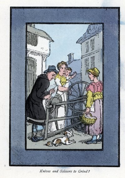 Ostrzarka ostrząca nóż na swojej tarczy szlifierskiej, ze swoimi klientami (1819). Drzeworyt na podstawie obrazu Thomasa Rowlandsona (1756-1827), opublikowany w The Cris of London: z sześciorgiem uroczych dzieci i prawie 40 ilustracjami, Andrew Tuer, Fiel autorstwa Thomas Rowlandson