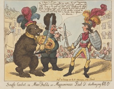 Pojedynek w Moorfields, czyli wielkoduszny Paul O! - wyzywający wszystkich O! (z: Caricature, t. 4) autorstwa Thomas Rowlandson