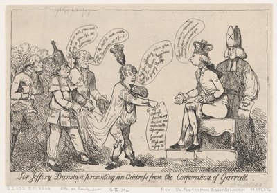 Sir Jeffery Dunstan wygłasza przemówienie w imieniu Rady Miasta Garratt autorstwa Thomas Rowlandson