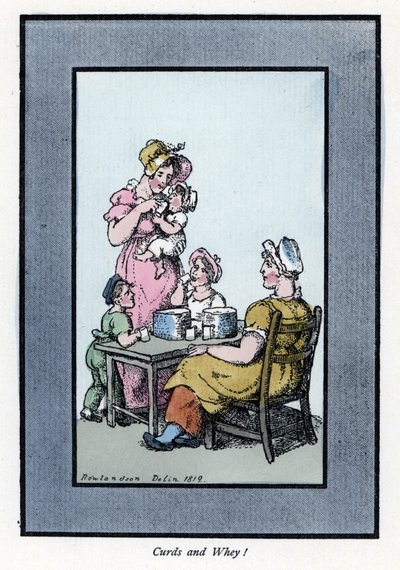 Siedząca kobieta sprzedająca przepiórcze mleko i mleko ma matkę i dzieci (1819). Drzeworyt, oparty na obrazie Thomasa Rowlandsona (1756-1827), opublikowany w The Cris of London: z sześciorgiem uroczych dzieci i prawie 40 ilustracjami, Andrew Tuer, Field autorstwa Thomas Rowlandson