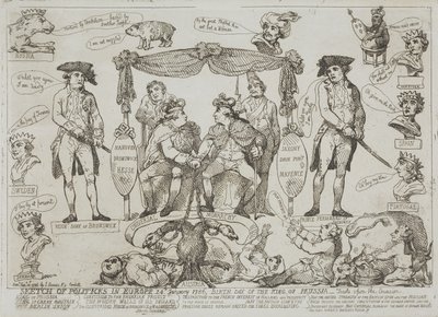 Zarys sytuacji politycznej w Europie, 24 stycznia 1786 r. – urodziny króla Prus autorstwa Thomas Rowlandson