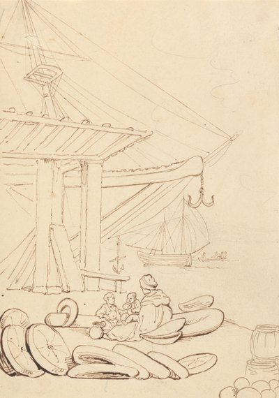 Szkic przedstawiający kobietę i dzieci siedzące na nabrzeżu autorstwa Thomas Rowlandson