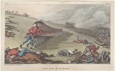 Smells Powder po raz pierwszy z The Military Adventures of Johnny Newcome, 1815., 1815. autorstwa Thomas Rowlandson