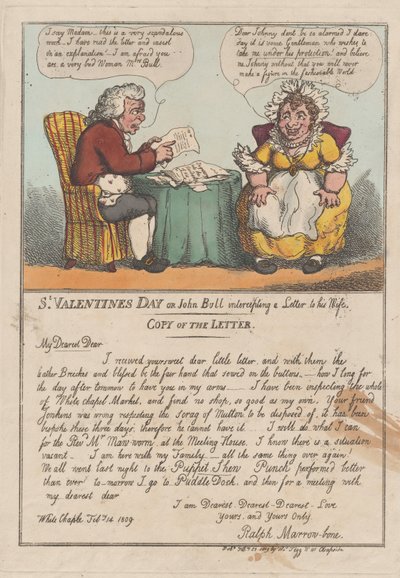 Dzień Świętego Walentego lub John Bull przechwytujący list do żony, luty ..., 23 luty 1809. autorstwa Thomas Rowlandson