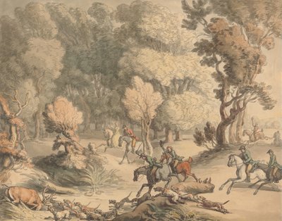 Jeleń w zatoce - scena w pobliżu Taplow, Berks, ok. 1795-1801 (pióro, tusz, akwarela z domieszką akwareli na papierze) autorstwa Thomas Rowlandson