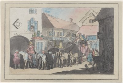 Dyliżans i jeźdźcy na podwórku gospody, przygotowania do odjazdu, 1789-95., 1789-95. autorstwa Thomas Rowlandson