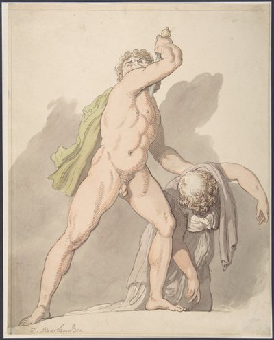 „Stojący nagi mężczyzna podtrzymujący omdlałą kobietę” (Ludovisi Gaul w galerii Uffizi) autorstwa Thomas Rowlandson