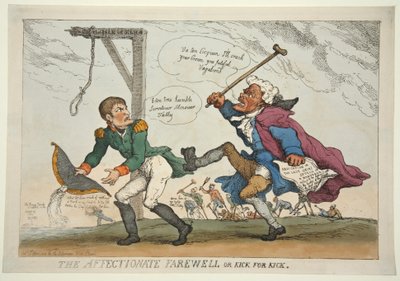 Affectionate Farewell lub Kick for Kick, wyd. 1814 (grawerowanie ręcznie kolorowane) autorstwa Thomas Rowlandson