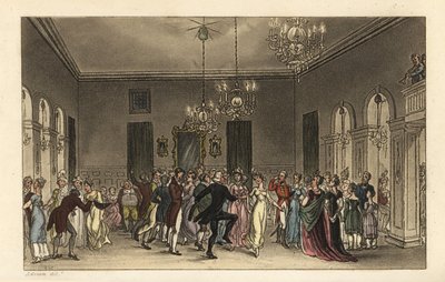 Sala Balowa: modni turyści tańczący w Scarborough Assembly Rooms. Każdy dżentelmen, który tańczy, płaci 2 pensy, a każda pani, która pije herbatę płaci 1 s. Ręcznie barwiony miedzioryt autorstwa Thomasa Rowlandsona według szkicu J. Greena z Poetical Sketch autorstwa Thomas Rowlandson