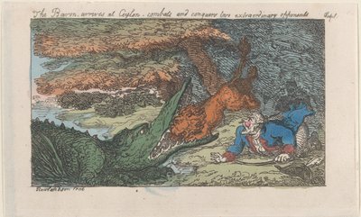 Baron przybywa na Cejlon, walczy i pokonuje dwóch niezwykłych przeciwników..., [1809], wznowione 1811. autorstwa Thomas Rowlandson