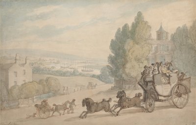 Dyliżans z Canterbury do Dover mijający zamek Vanbrugh autorstwa Thomas Rowlandson