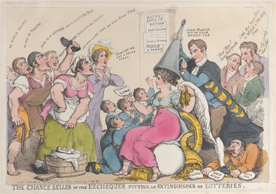 Przypadkowy sprzedawca skarbu umieszcza gaśnicę na loteriach, wrzesień..., 18 września 1823 r. autorstwa Thomas Rowlandson
