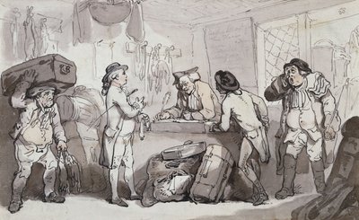 Biuro rezerwacji autokarów: Thomas Rowlandson i Henry Wigstead rezerwują swój przejazd, autorstwa Thomas Rowlandson
