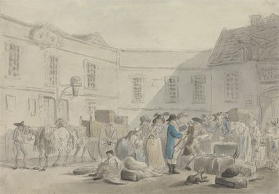 Urząd Celny w Boulogne - verso: Grafitowy szkic koni, powozów i budynków (pióro i atrament i w/c na papierze) autorstwa Thomas Rowlandson