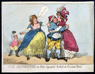 The Devonshire, czyli najbardziej zatwierdzona metoda zabezpieczania głosów, opublikowana przez Williama Humphreya w 1784 r. (akwaforta ręcznie kolorowana) autorstwa Thomas Rowlandson